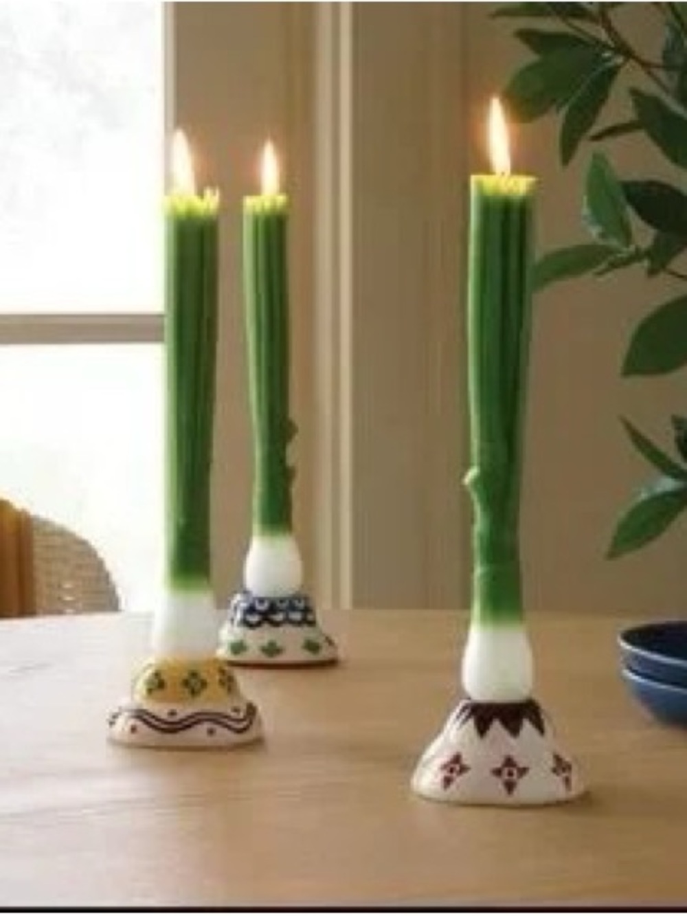 Leek-Style Green Taper Candles with Hand-Painted Ceramic Holders